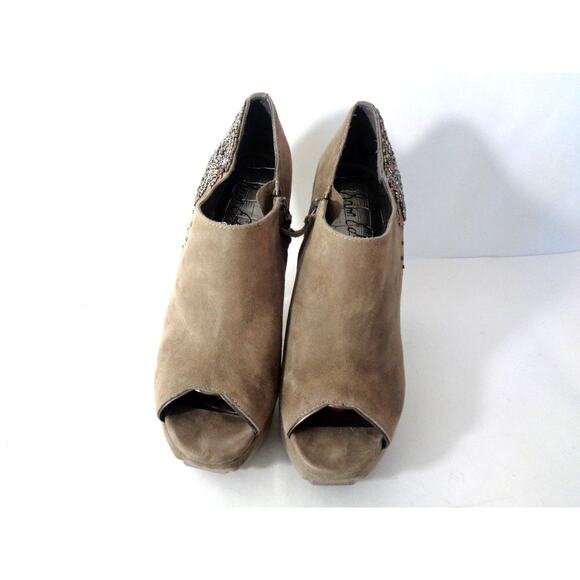 SAM EDELMAN Una 9M Taupe Suede Beaded Peep Toe Platform Shooties Booties Shoes - Picture 2 of 10